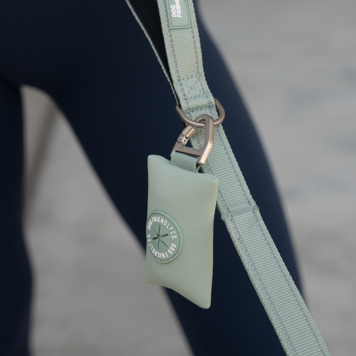 Khaki poop bag holder attached to a hands-free dog leash
