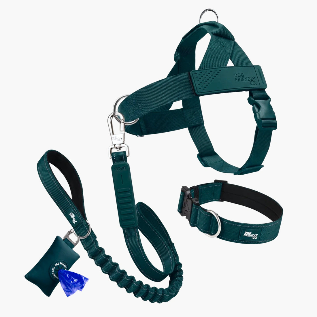 7AM Club Limited Edition in Forest: no-pull harness, tactical collar, bungee leash and poop bag holder