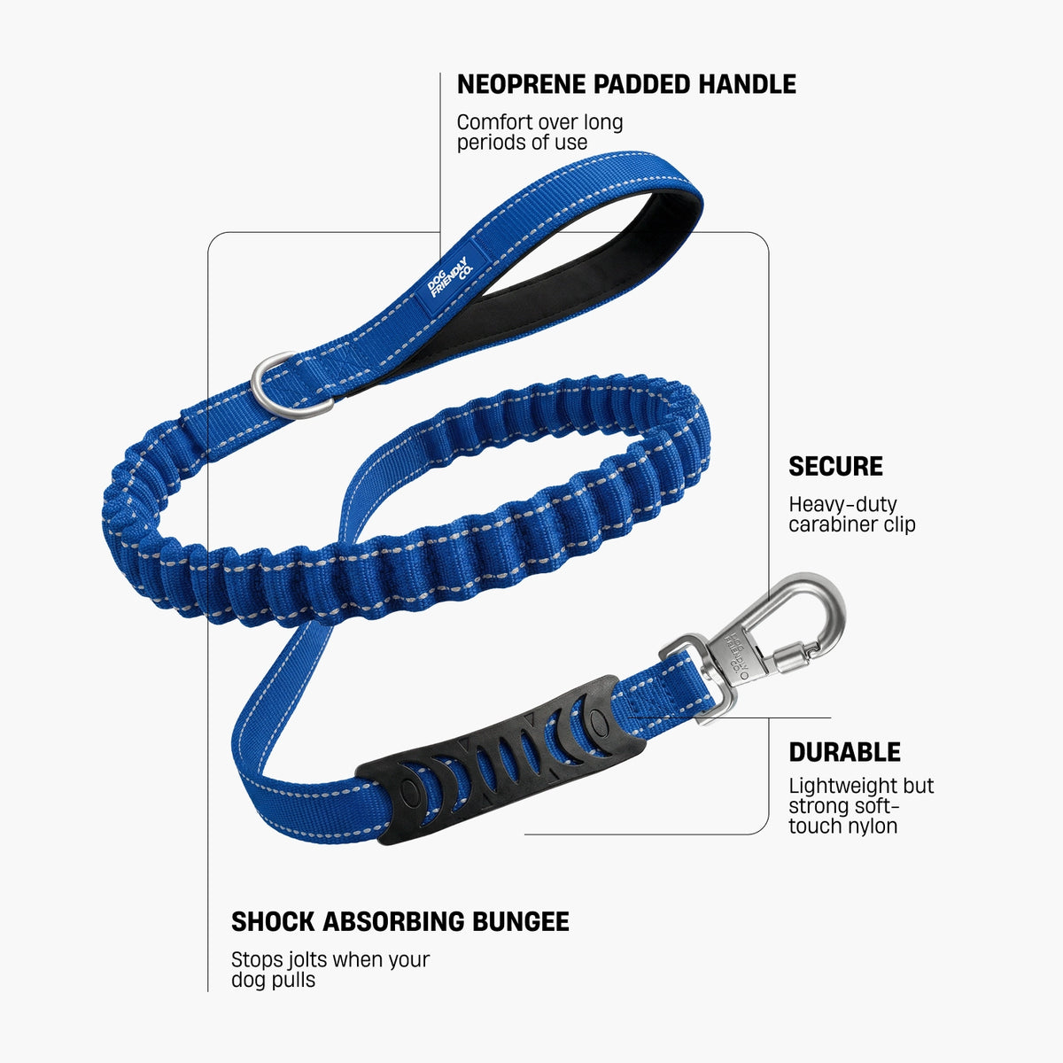 Classic Blue bungee dog leash labeled with neoprene padded handle for comfort over long periods of use, secure heavy-duty carabiner clip, durable lightweight soft-touch nylon, and shock-absorbing bungee that stops jolts when the dog pulls.