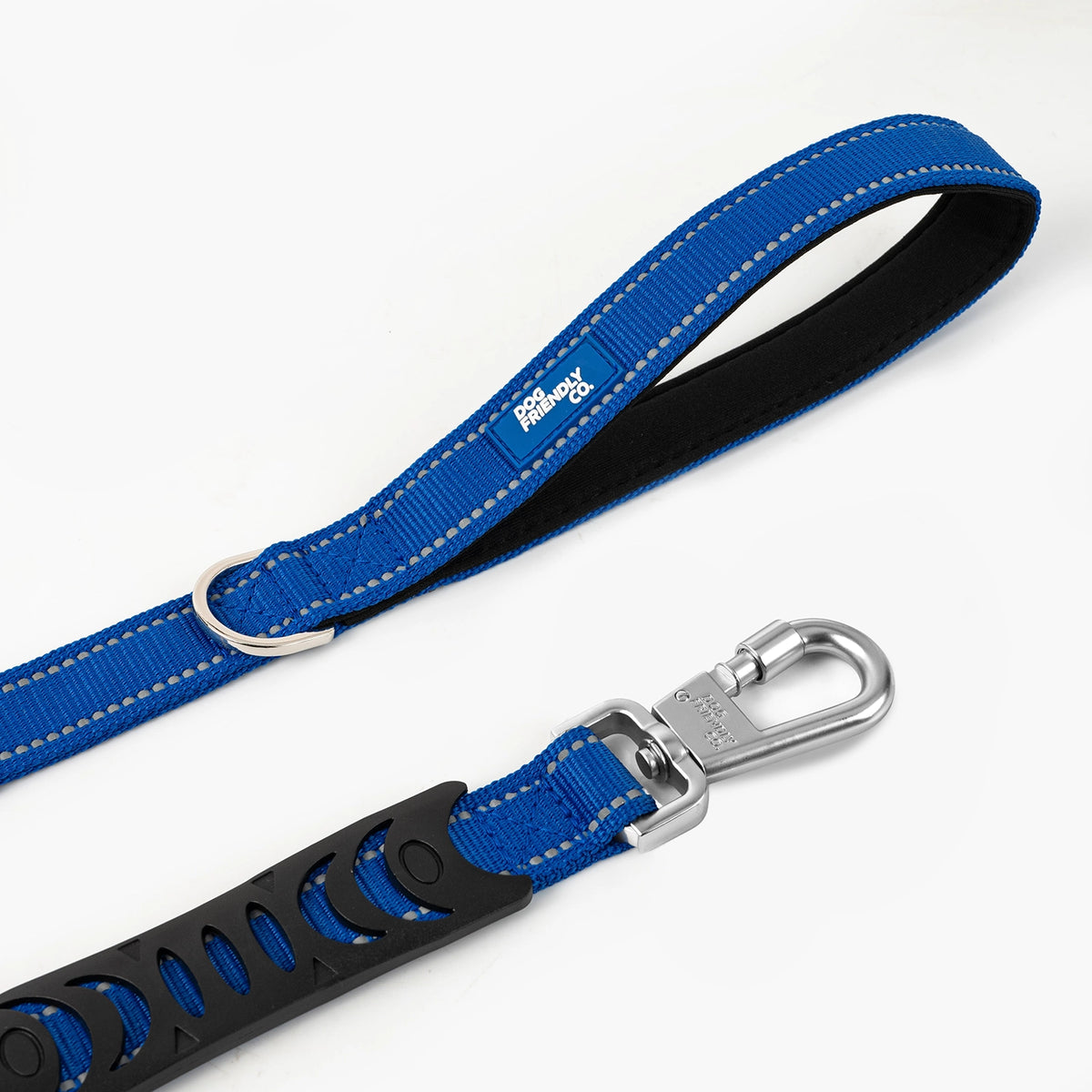 Close-up of the Classic Blue bungee leash showing the padded handle and metal clip.