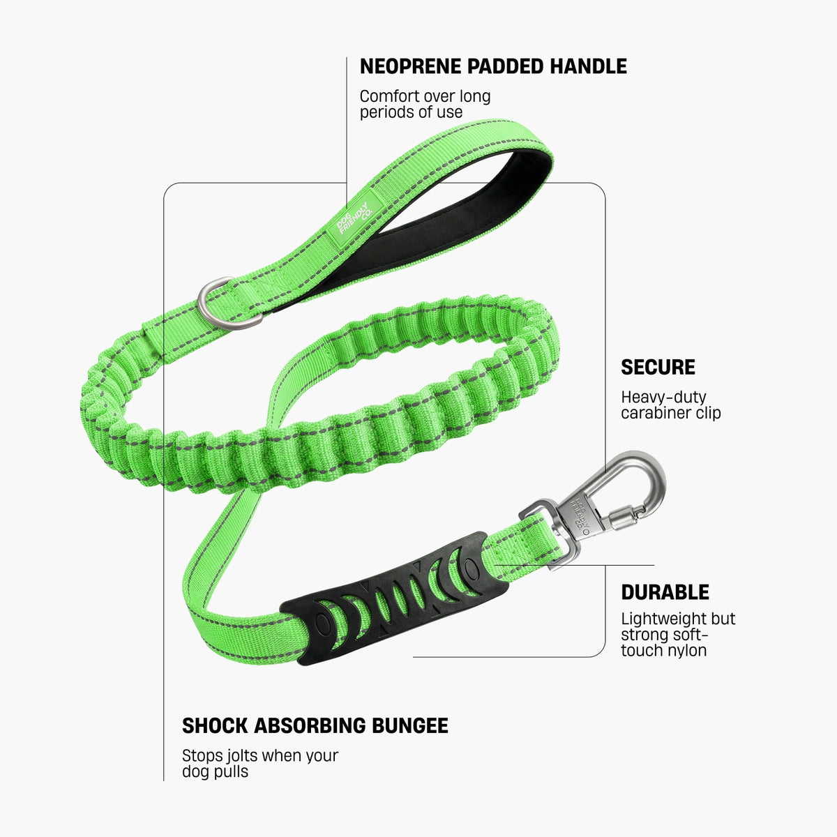 Neon green bungee dog leash labeled with neoprene padded handle for comfort over long periods of use, secure heavy-duty carabiner clip, durable lightweight soft-touch nylon, and shock-absorbing bungee that stops jolts when the dog pulls.
