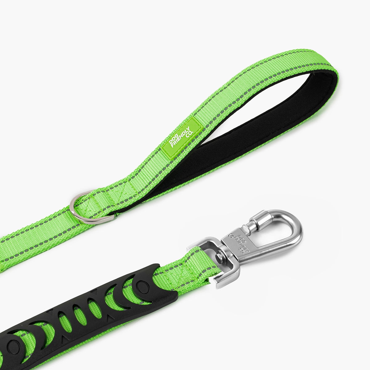 Neon green bungee dog leash showing the padded handle, bungee section, D-ring and heavy-duty clip.