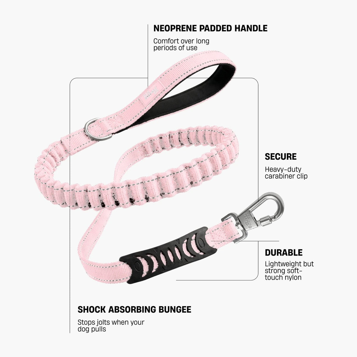 Sakura bungee leash. Neoprene padded handle: comfort over long periods of use. Secure: heavy-duty carabiner clip. Durable: lightweight but strong soft-touch nylon. Shock absorbing bungee: stops jolts when your dog pulls.