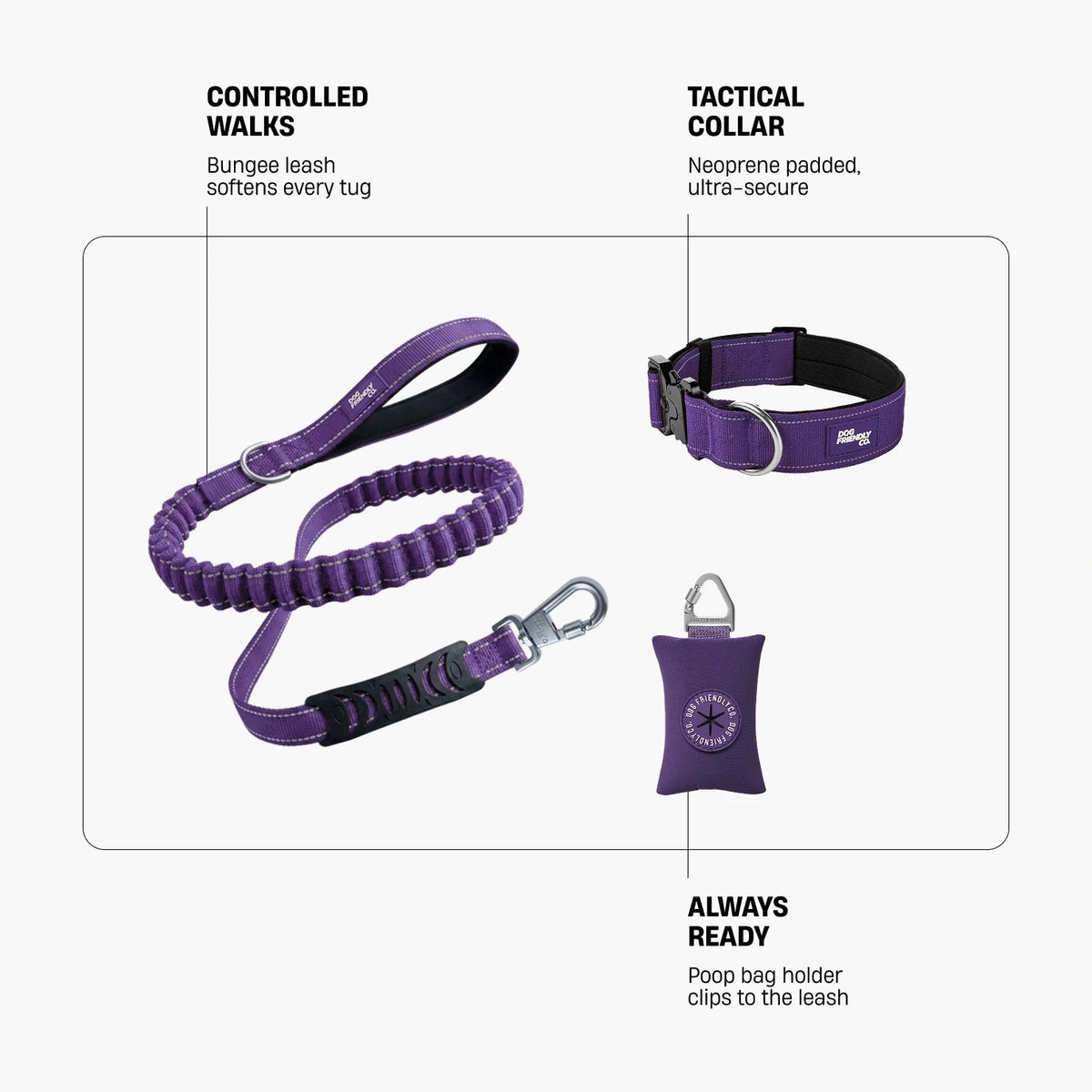Collar Walk Set in Indigo. Controlled walks: bungee leash softens every tug. Tactical collar: neoprene padded, ultra-secure. Always ready: poop bag holder clips to the leash.