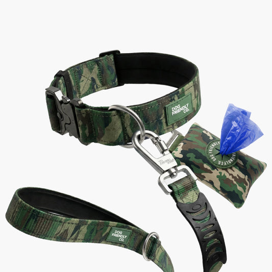 Halsband-Set für Spaziergänge - Grünes Tarnmuster