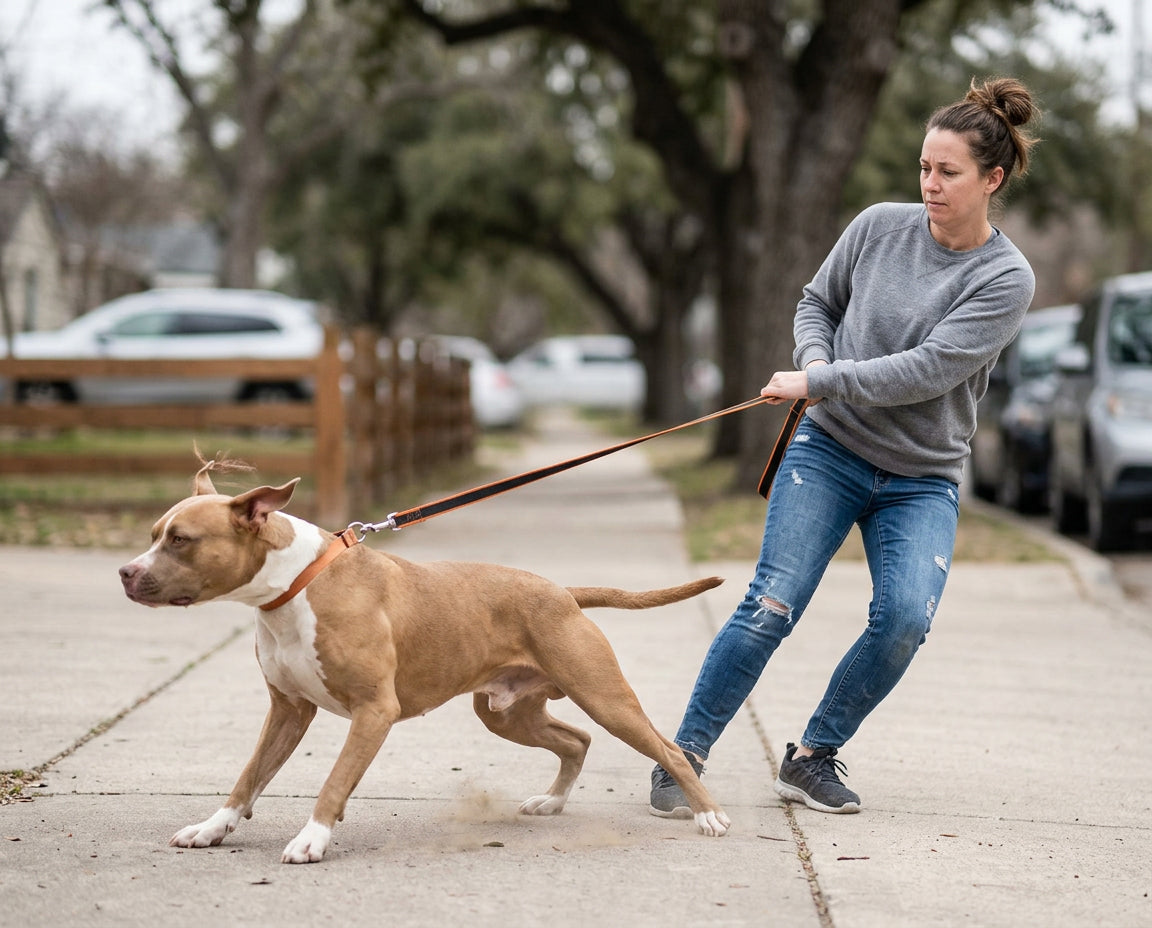 [REPLACE: handler walking beside a medium dog in a DFCo harness — destination shot, both moving same direction same pace, relaxed posture]