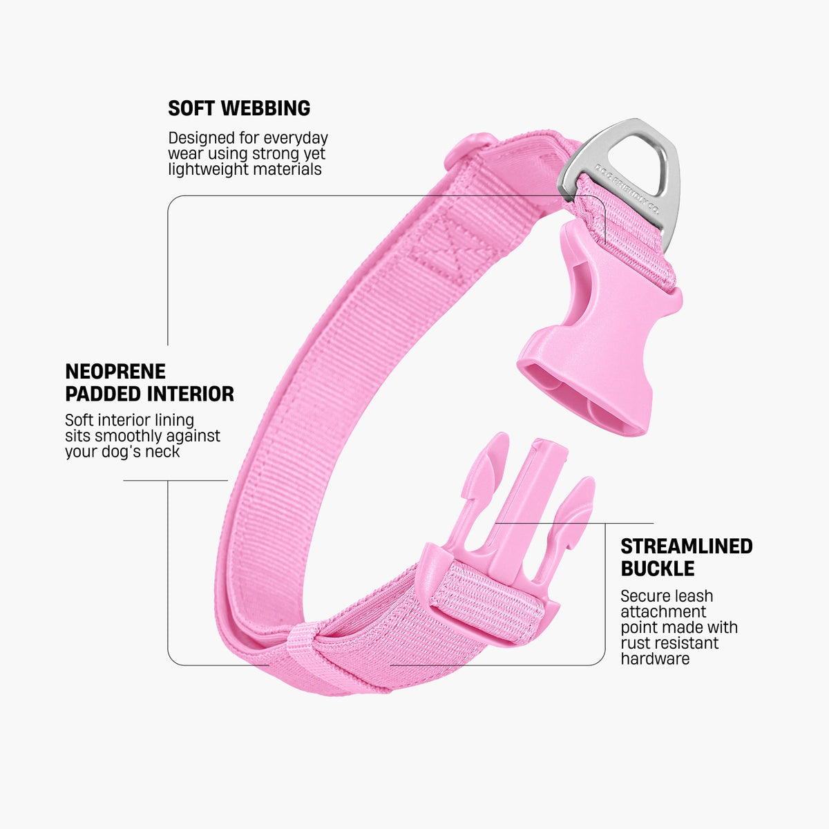 Pink dog collar infographic showing soft webbing, neoprene padded interior and a streamlined buckle with rust-resistant hardware.