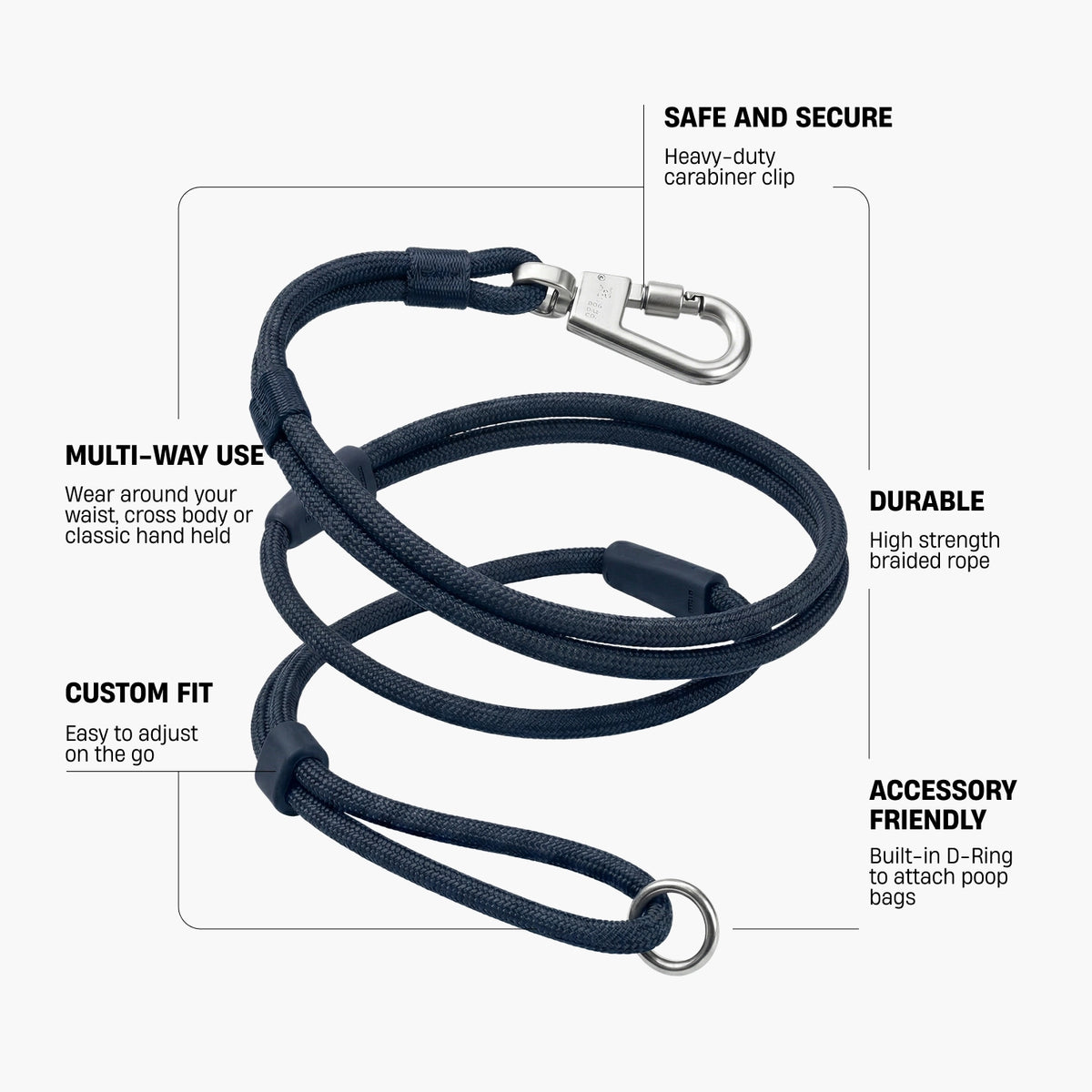 ADJUSTABLE STRAP SYSTEM – Custom fit around your waist or worn crossbody for comfortable, hands-free use; HANDS-FREE DESIGN – Stay active while walking, running, or training with your dog; BUILT-IN GRAB HANDLE – Quickly gain close control in busy or high-traffic areas; HEAVY-DUTY REINFORCED CLIP – Strong, secure attachment you can rely on; 1.8M LENGTH – Ideal balance of comfort, freedom, and control.