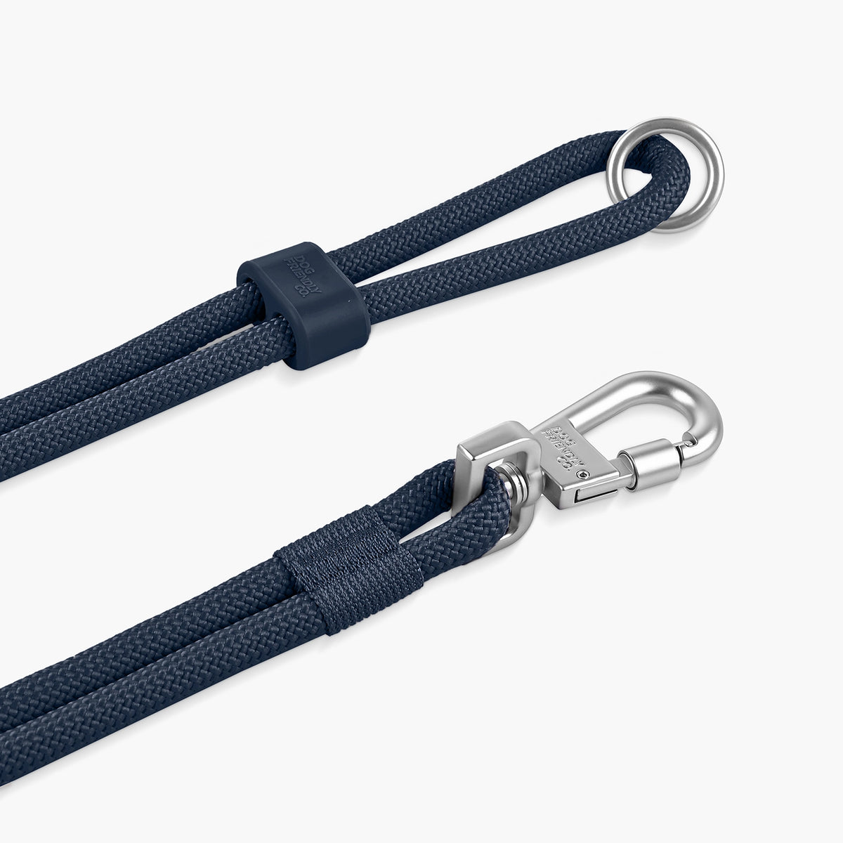 Premium Navy Blue hands-free dog leash showing the adjustable strap, leash clip and built-in grab handle.