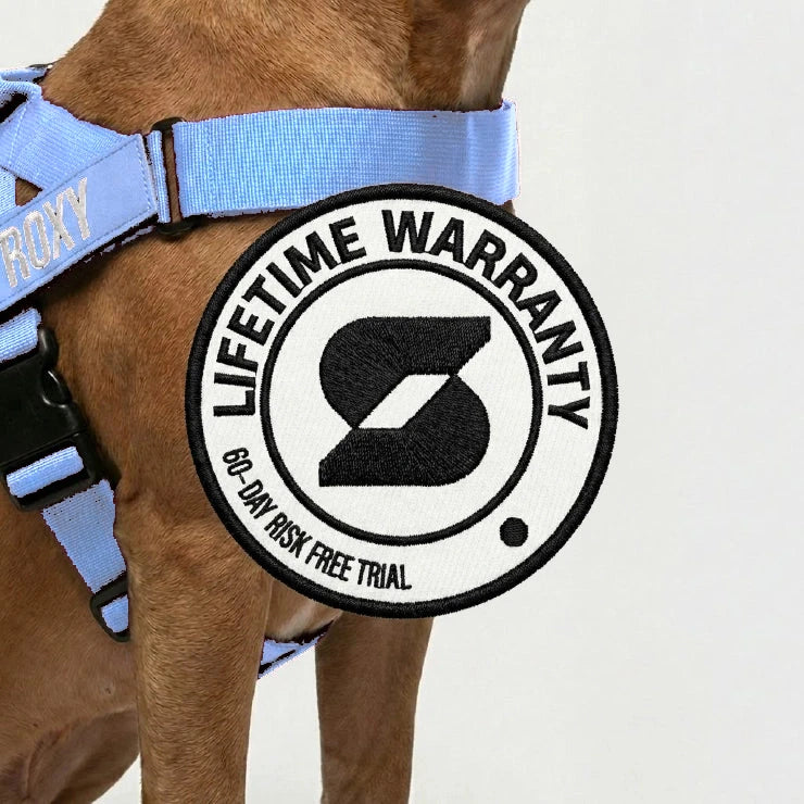 Lifetime Warranty, 60-day risk free trial badge over a dog wearing the Air harness