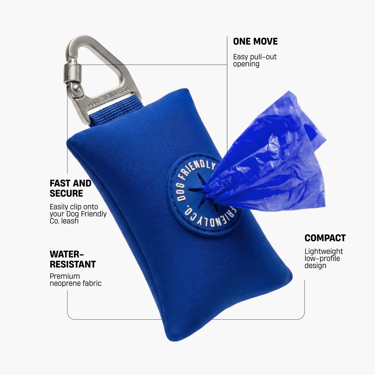 Classic blue poop bag holder showing secure leash clip, easy pull-out opening, water-resistant neoprene fabric, and compact lightweight design