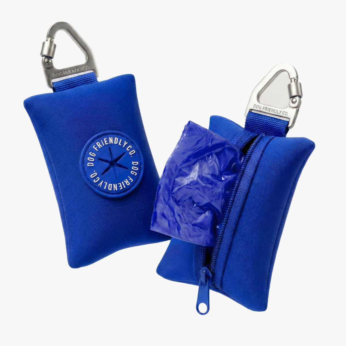 Classic blue poop bag holder showing a blue poop bag being dispensed from the zippered compartment