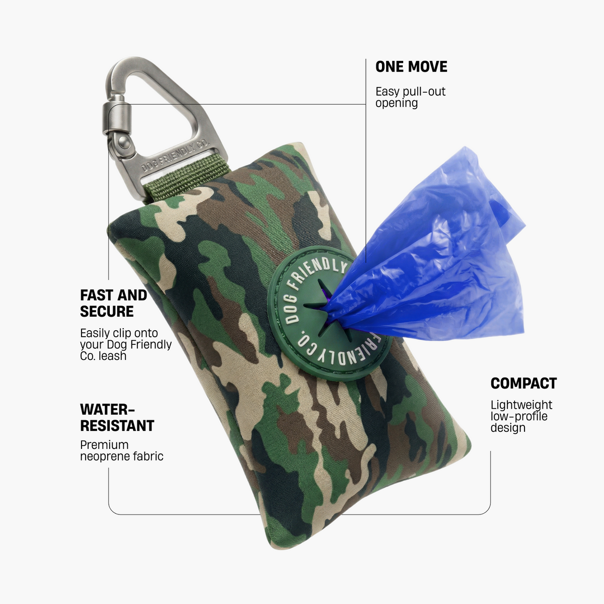 Green Camo poop bag holder showing secure leash clip, easy pull-out opening, water-resistant neoprene fabric, and compact lightweight design
