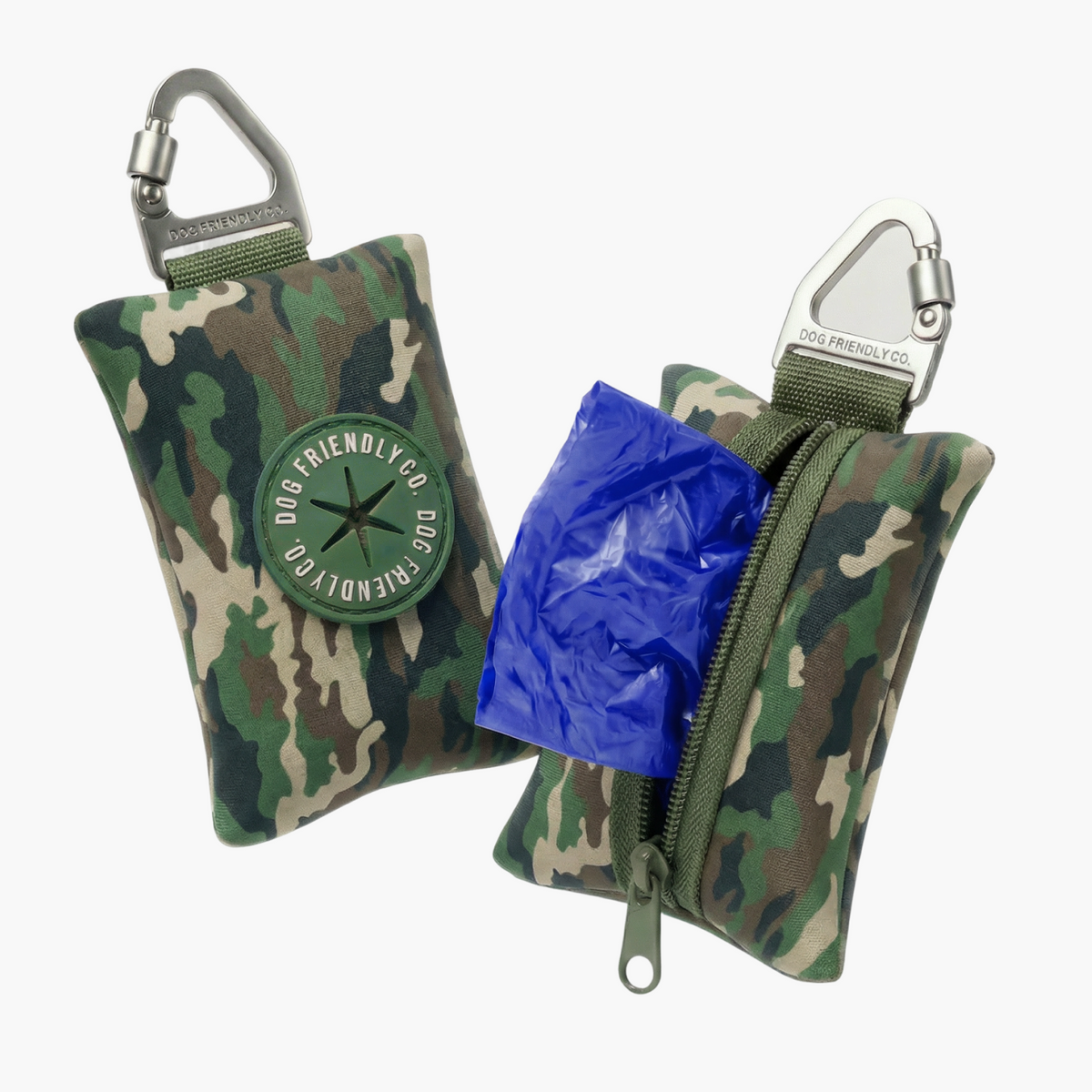 Green camo poop bag holder showing a blue poop bag being dispensed from the zippered compartment