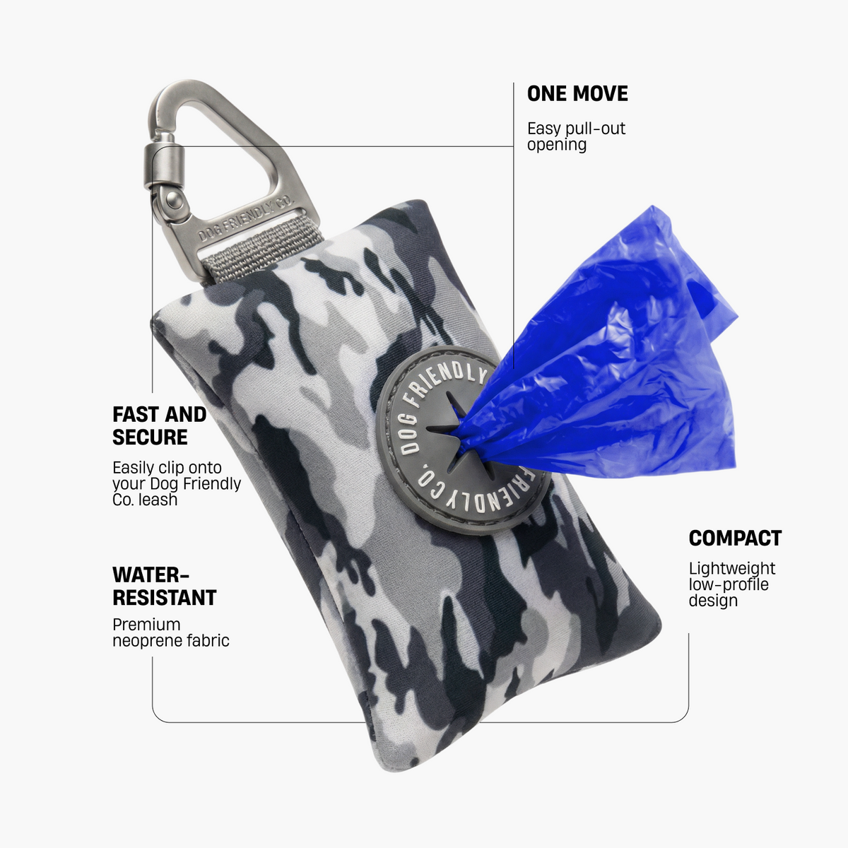 Grey Camo poop bag holder showing secure leash clip, easy pull-out opening, water-resistant neoprene fabric, and compact lightweight design