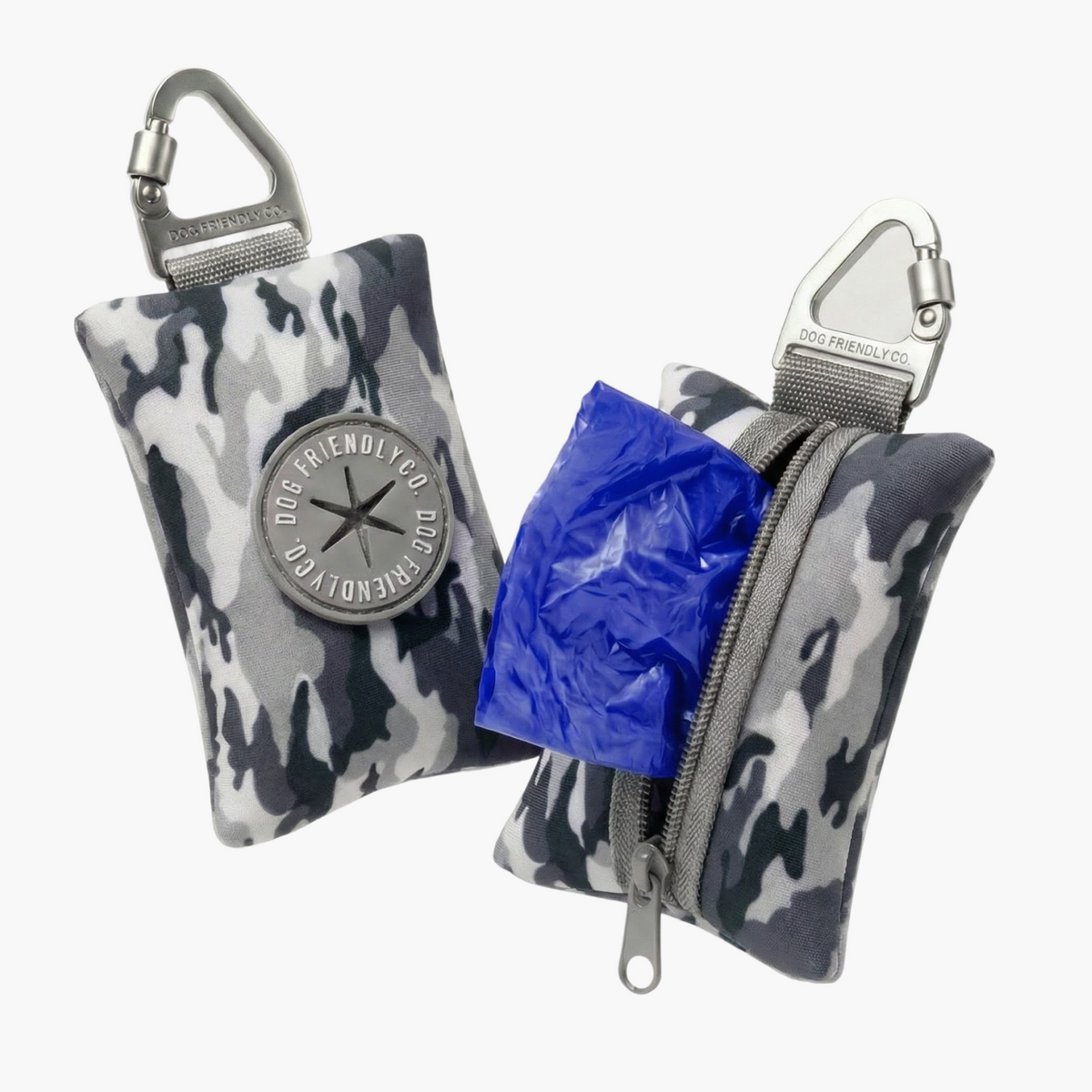 Grey Camo poop bag holder showing a blue poop bag being dispensed from the zippered compartment