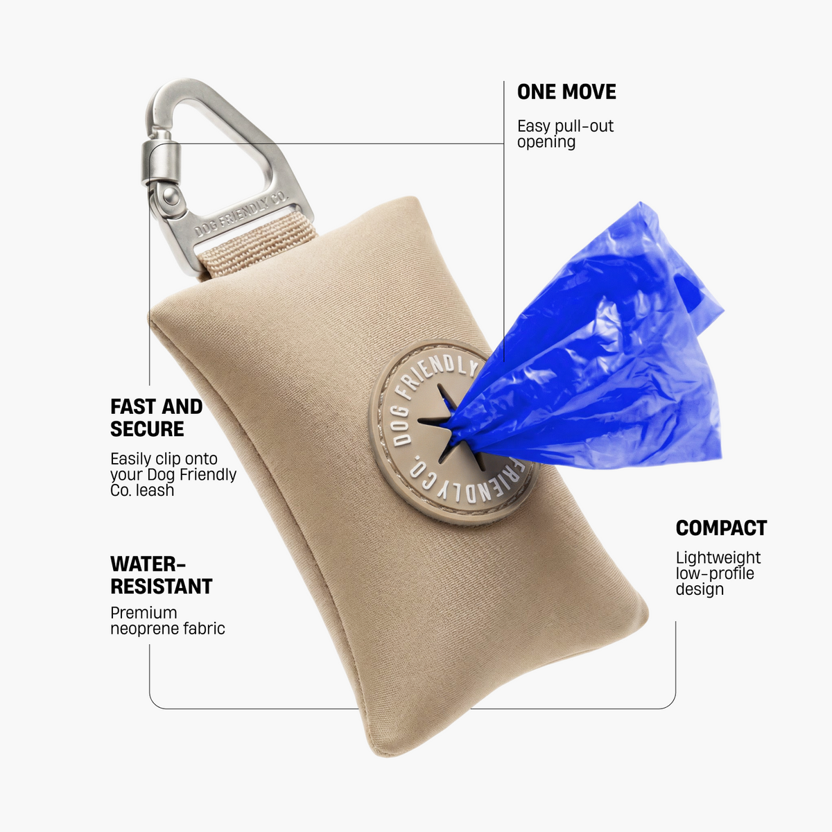 Brown poop bag holder showing secure leash clip, easy pull-out opening, water-resistant neoprene fabric, and compact lightweight design