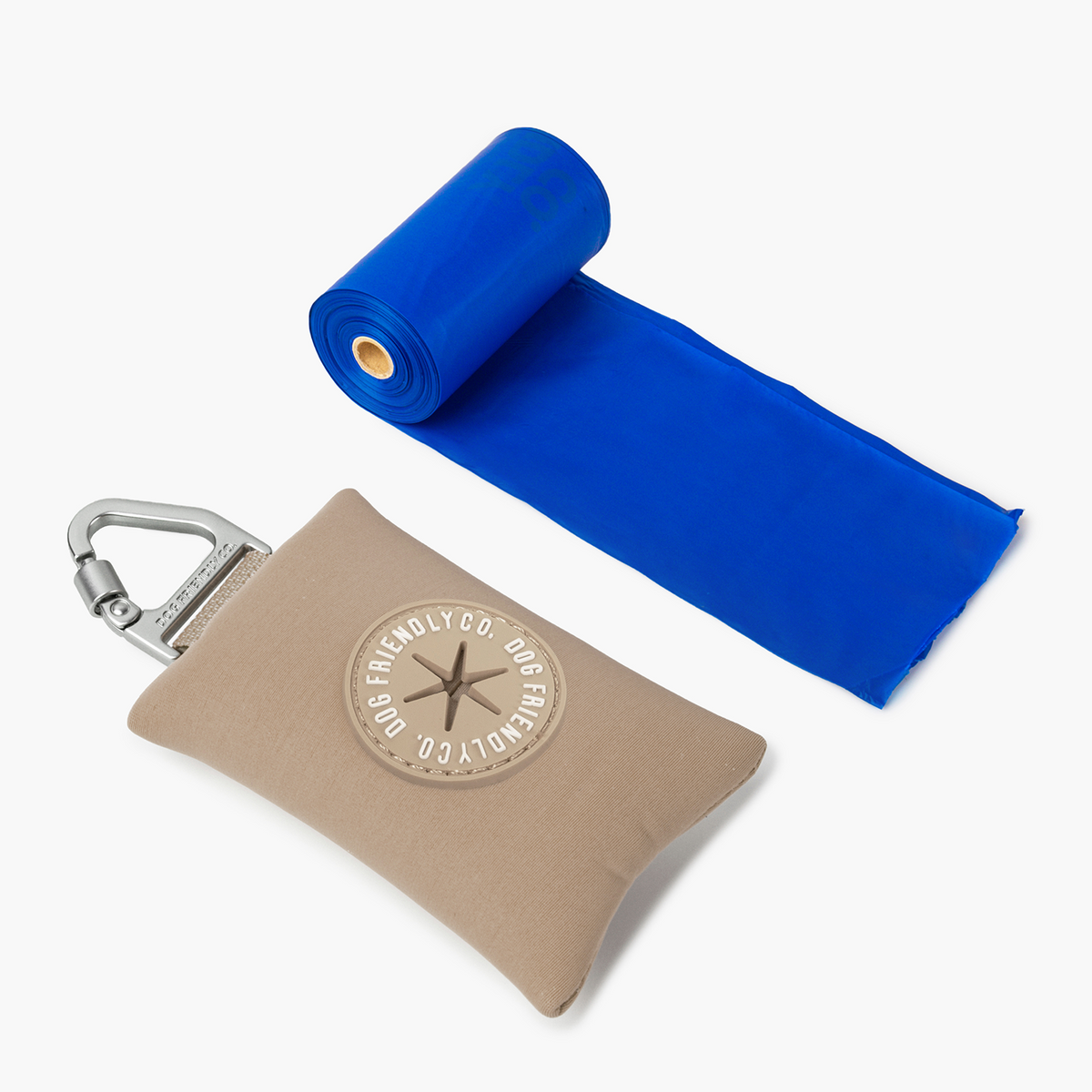 Brown Dog Friendly Co. poop bag holder with a roll of biodegradable blue poop bags
