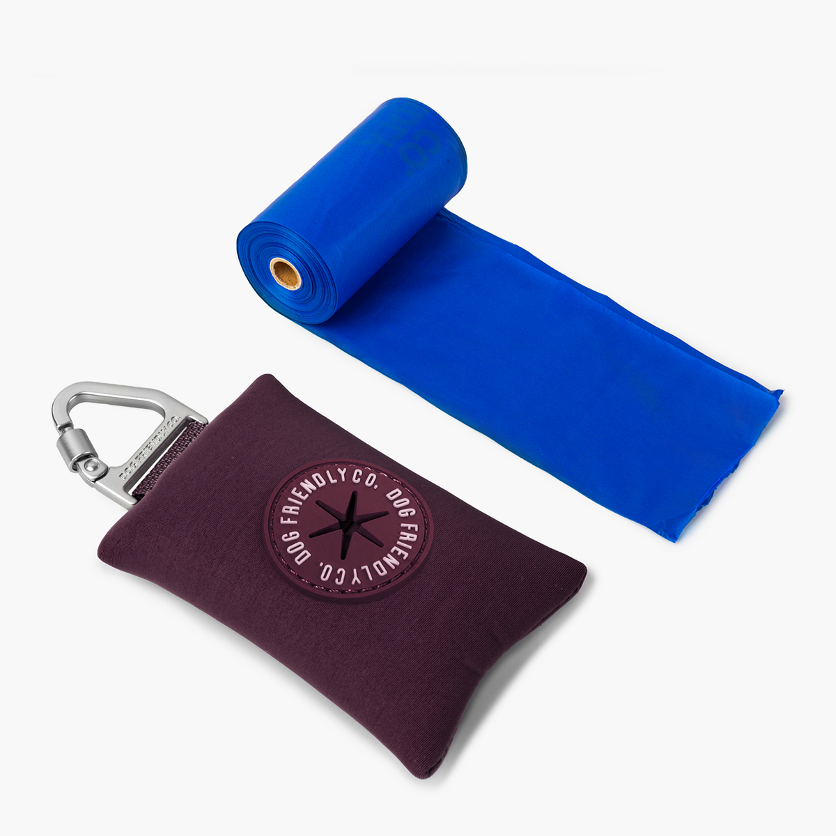 Burgundy Dog Friendly Co. poop bag holder with a roll of biodegradable blue poop bags