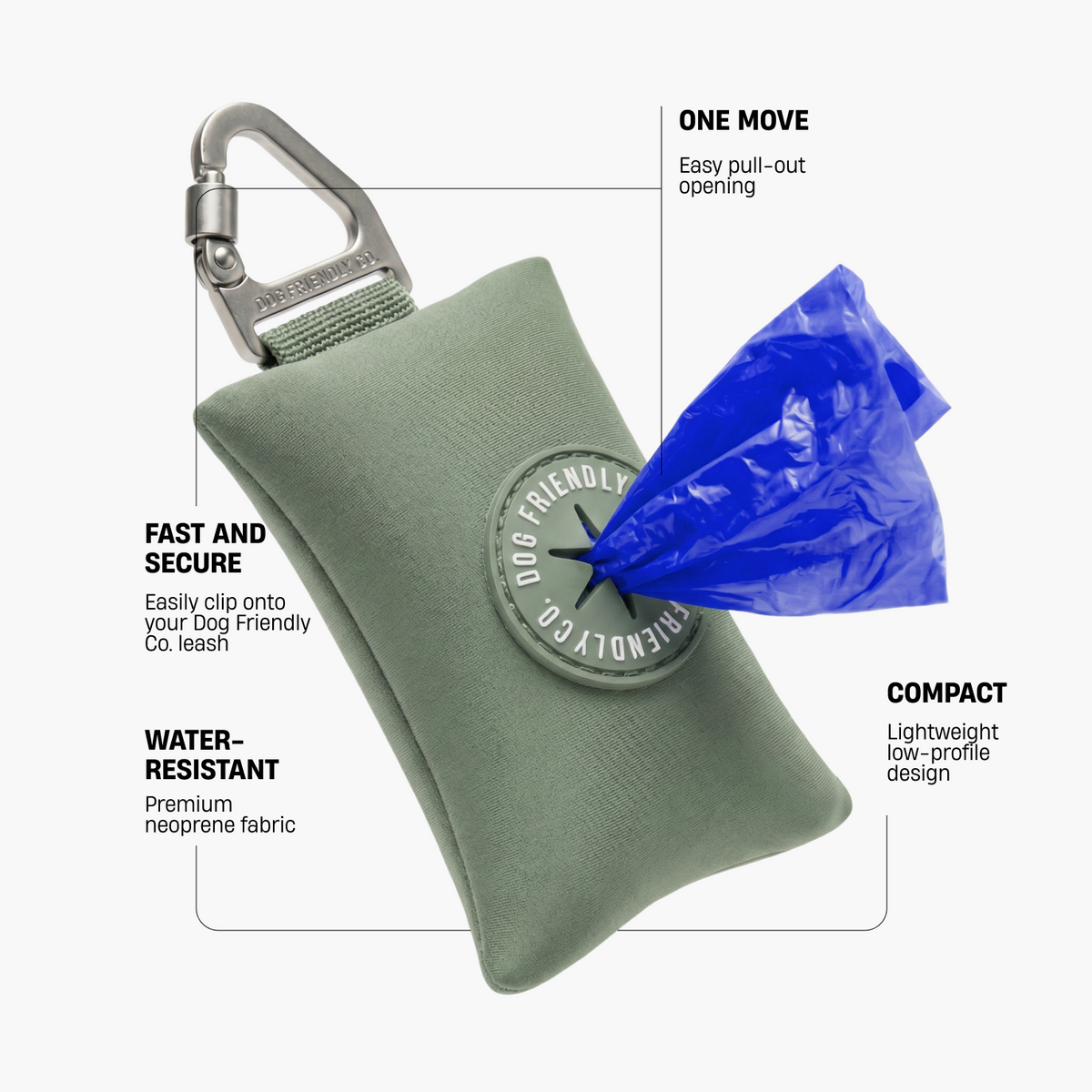 Khaki poop bag holder showing secure leash clip, easy pull-out opening, water-resistant neoprene fabric, and compact lightweight design