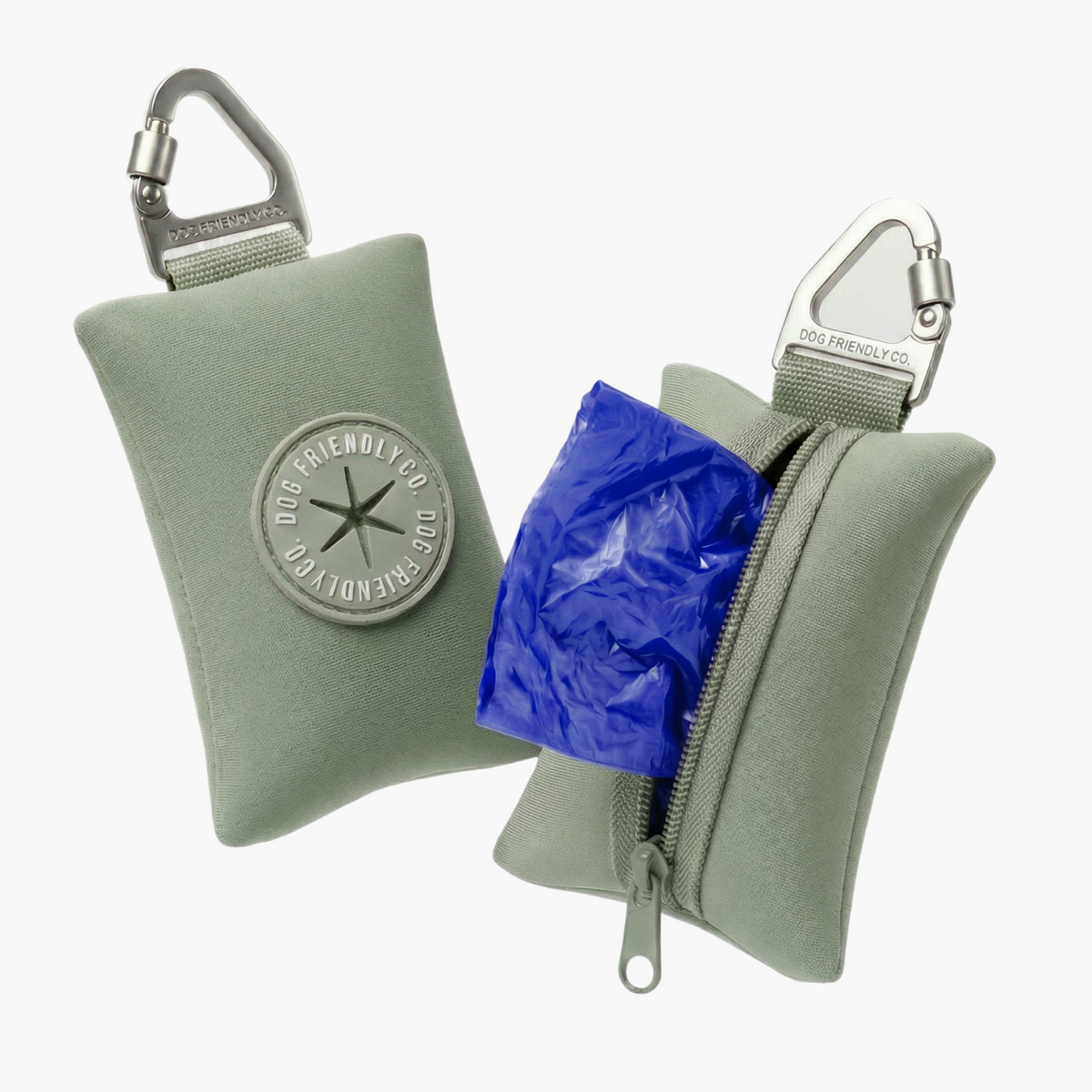 Back view of the khaki Dog Friendly Co. poop bag holder showing the full-length zipper