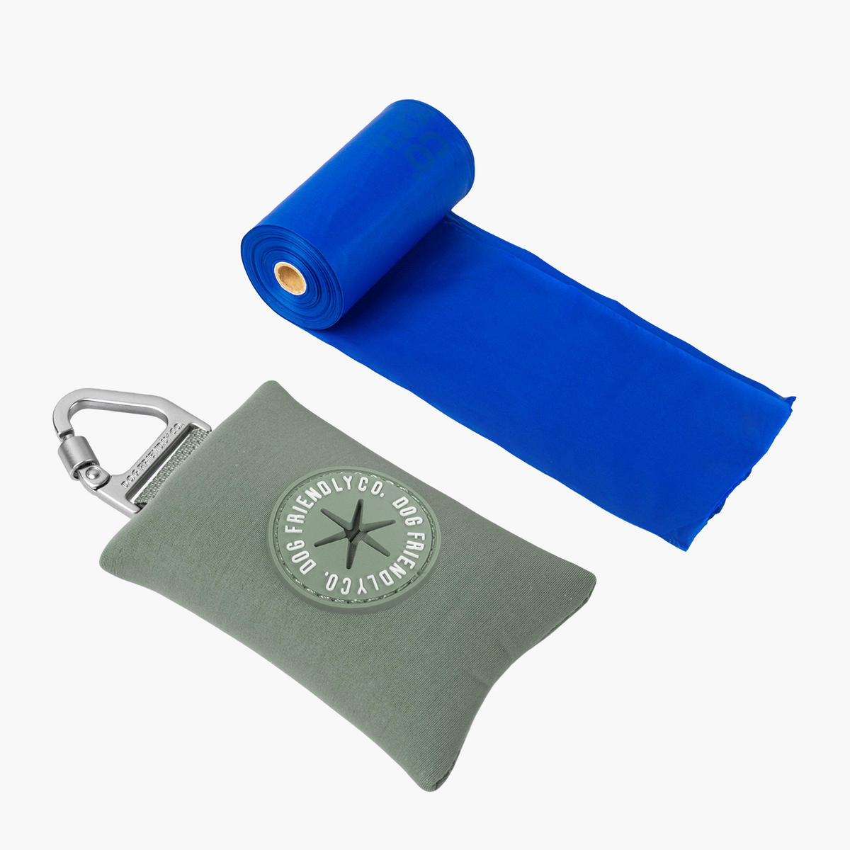 Khaki Dog Friendly Co. poop bag holder with a roll of biodegradable blue poop bags