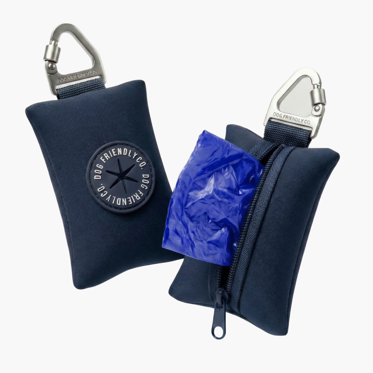Navy Blue poop bag holder showing a blue poop bag being dispensed from the zippered compartment