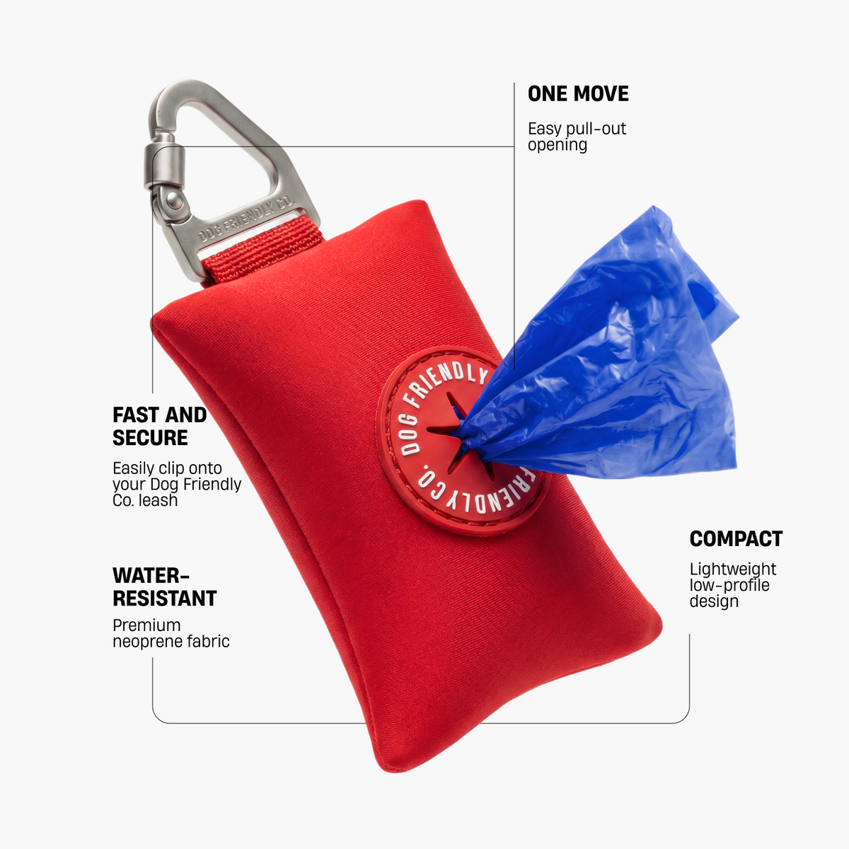 Red poop bag holder showing secure leash clip, easy pull-out opening, water-resistant neoprene fabric, and compact lightweight design