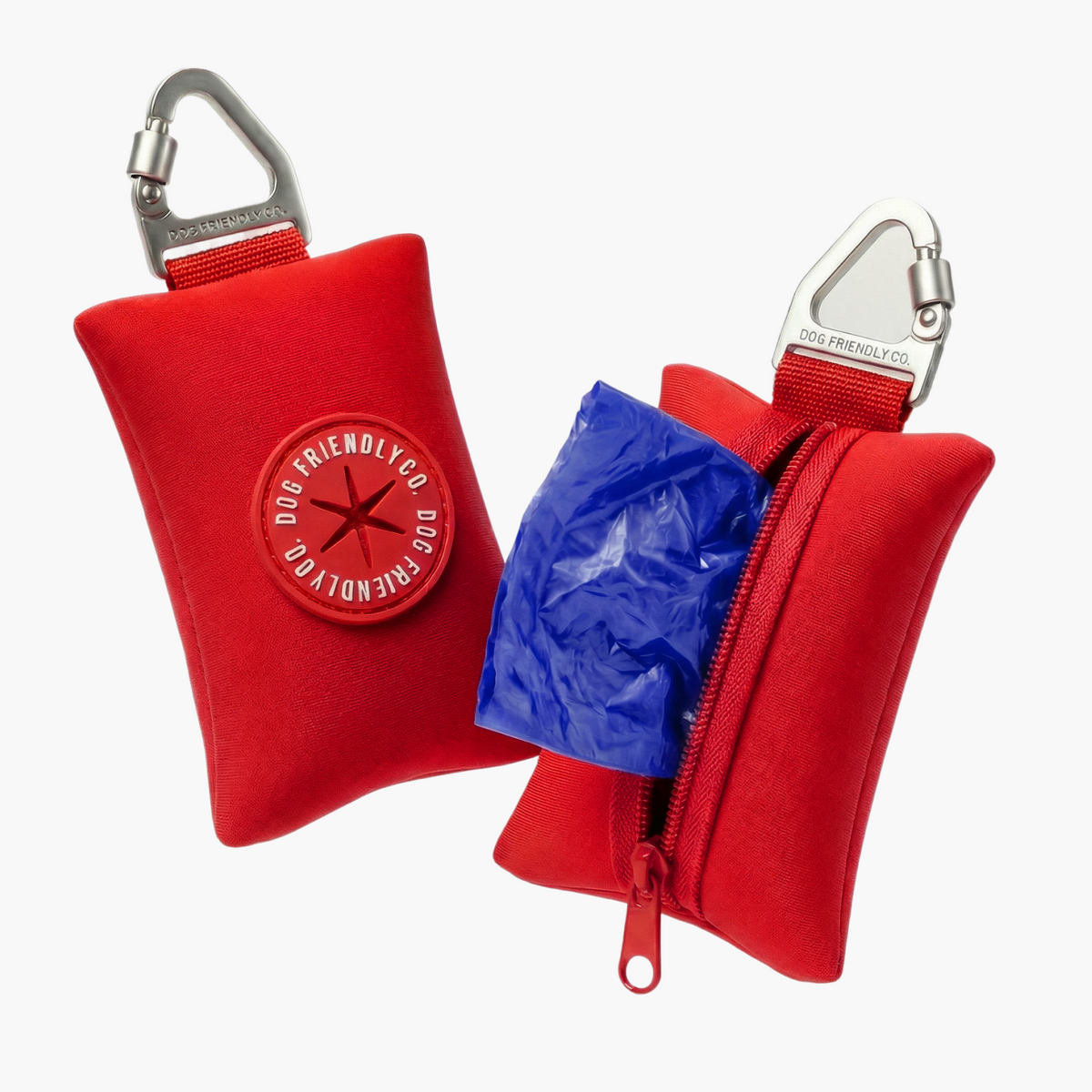Back view of the red Dog Friendly Co. poop bag holder showing the full-length zipper