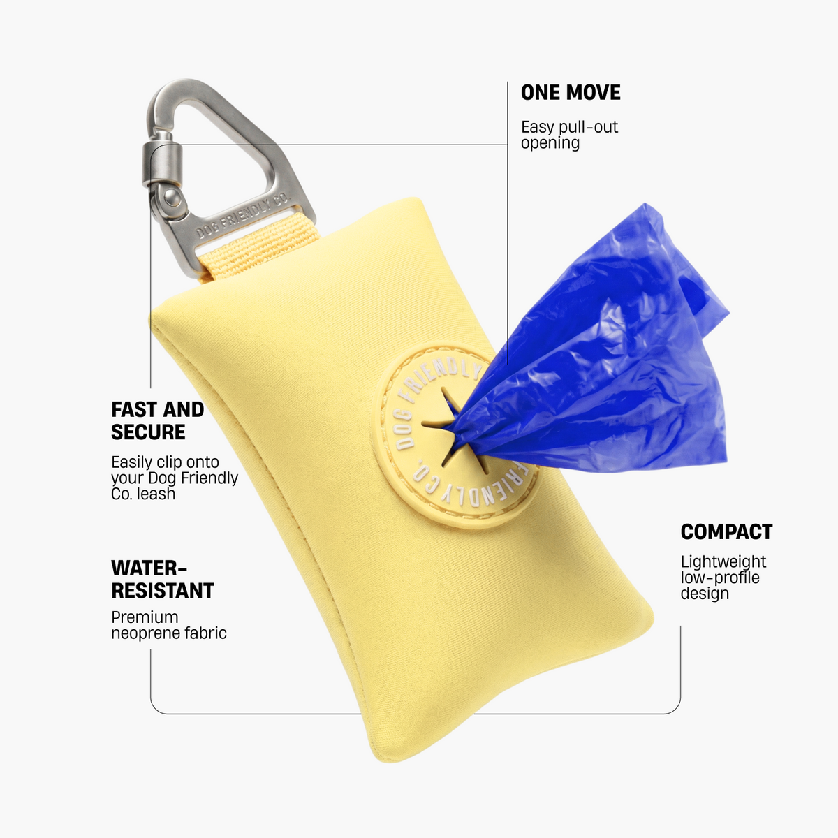 Yellow poop bag holder showing secure leash clip, easy pull-out opening, water-resistant neoprene fabric, and compact lightweight design