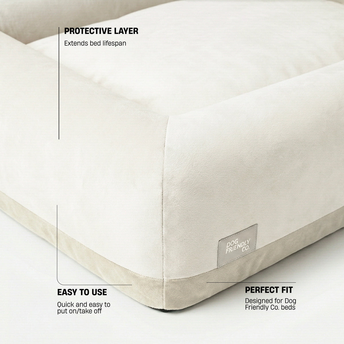 Beige replacement cover showing its fitted design, velvet lining, machine-washable fabric, and protective function.