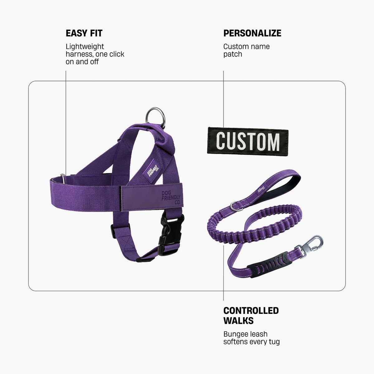 Signature Kit in Indigo. Easy fit: lightweight harness, one click on and off. Personalize: custom name patch. Controlled walks: bungee leash softens every tug.