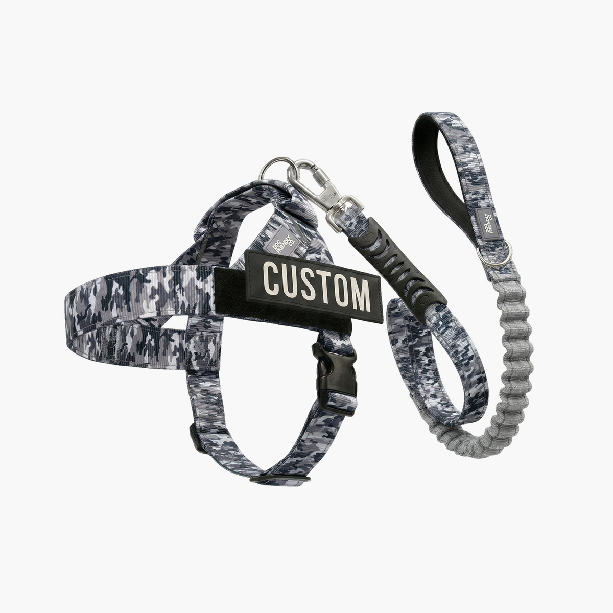 Grey Camo Signature Kit featuring a dog harness, leash, collar, and matching accessories