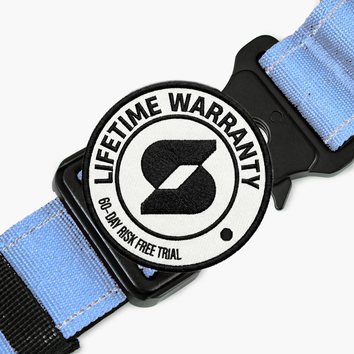Lifetime Warranty, 60-day risk free trial badge over the Air tactical collar buckle