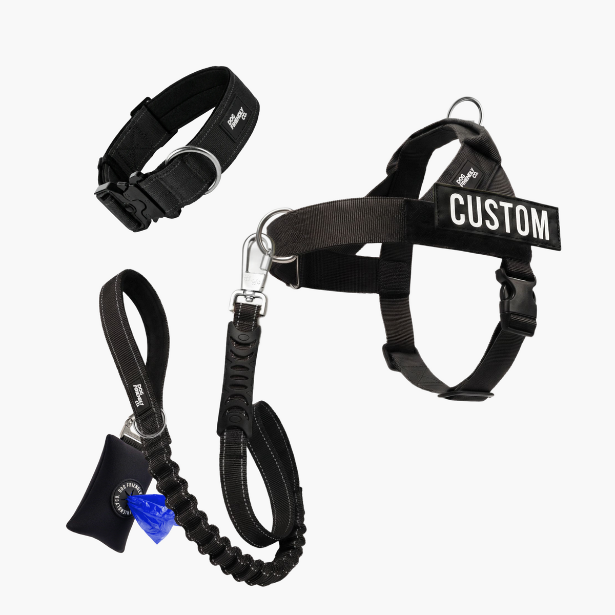 Ultimate No-Pull Bundle in black with harness, leash, collar and accessories