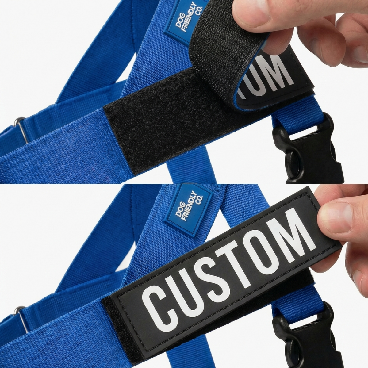 Images showing where to attach the custom name patch on the harness.