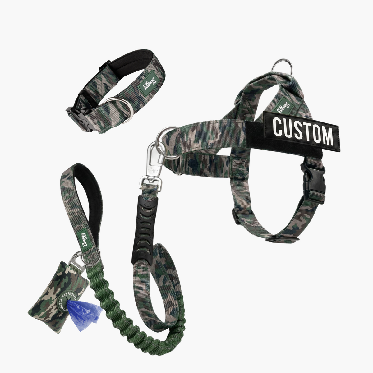 Ultimate No-Pull Bundle in green camo with harness, leash, collar and accessories