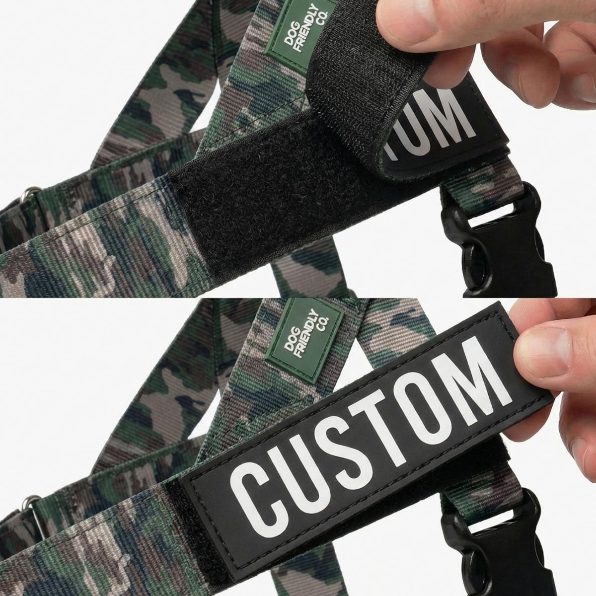 Images showing where to attach the custom name patch on the harness.