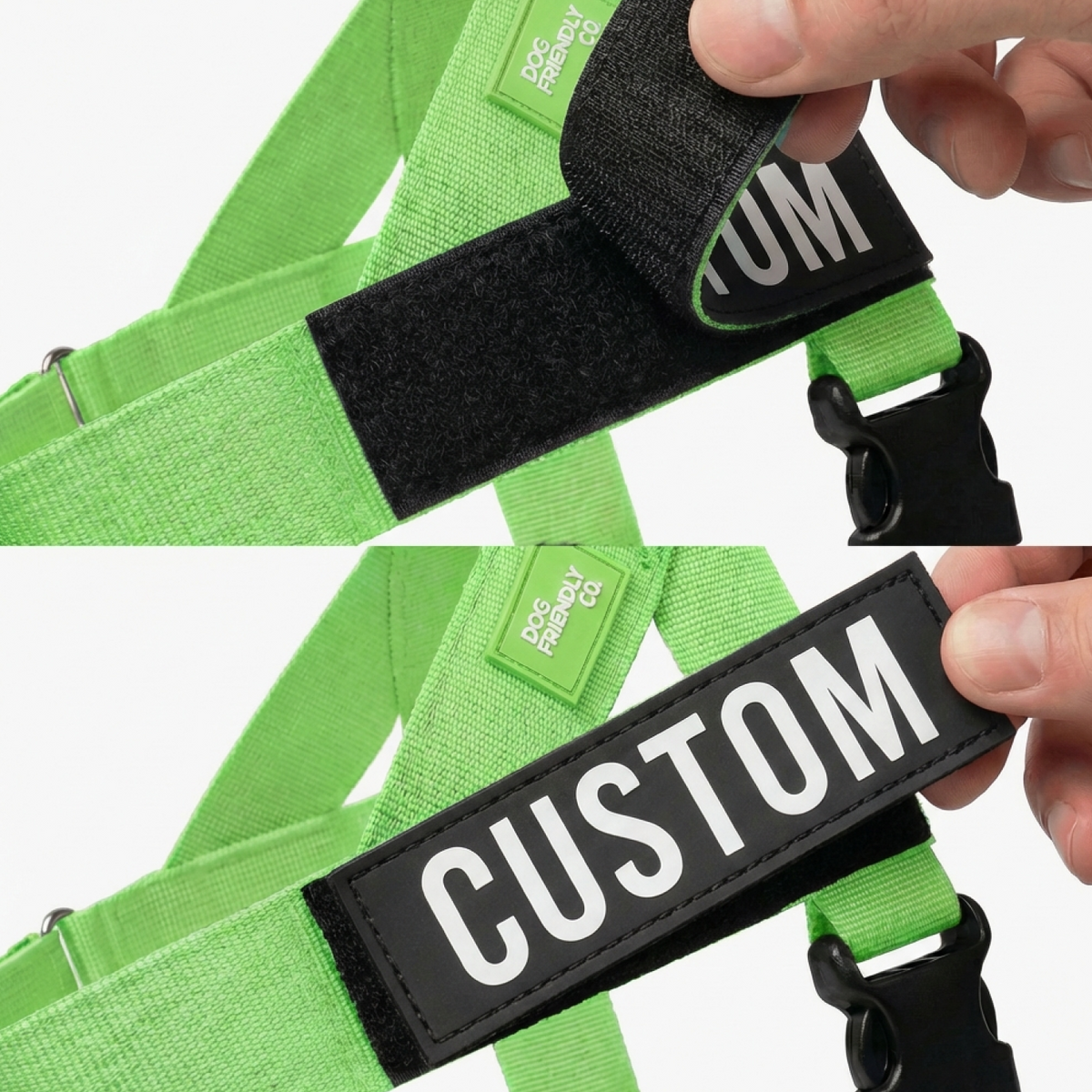 Images showing where to attach the custom name patch on the harness.