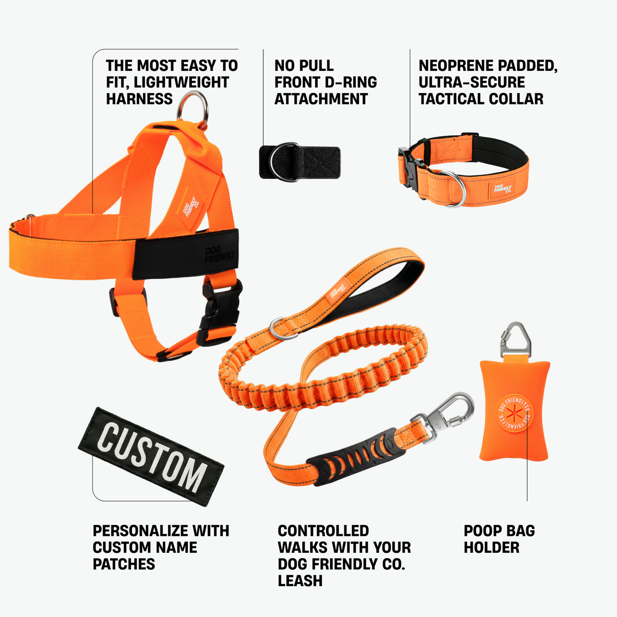 Ultimate No-Pull Bundle in orange featuring a lightweight harness, front D-ring attachment, padded tactical collar, Dog Friendly Co. leash, custom name patch, and poop bag holder.
