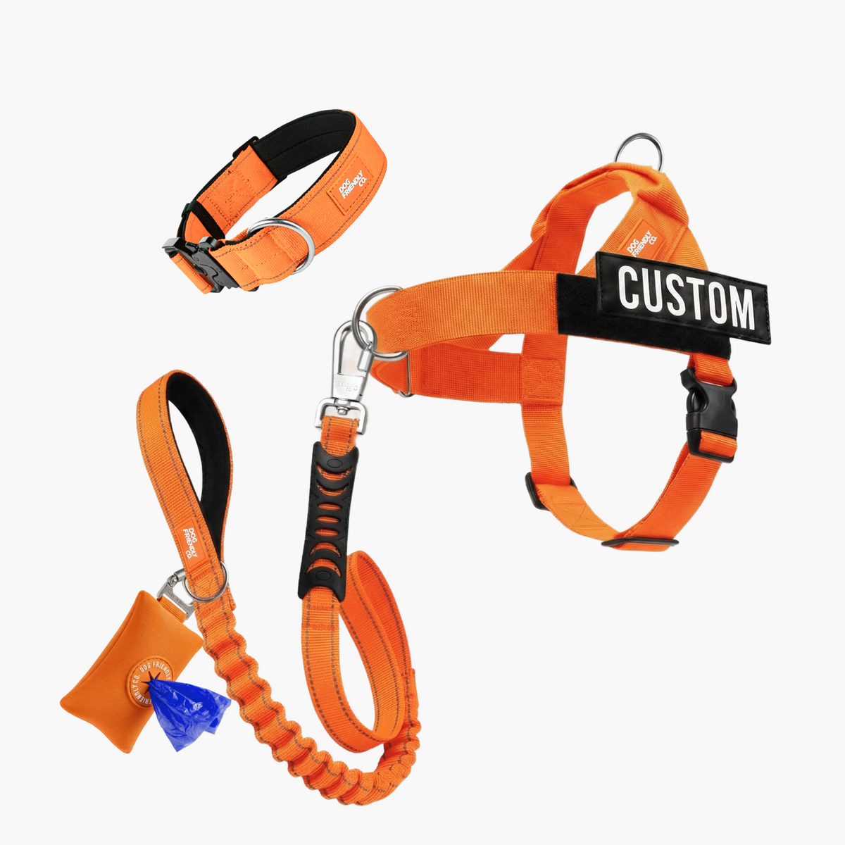 Ultimate No-Pull Bundle in orange with harness, leash, collar and accessories
