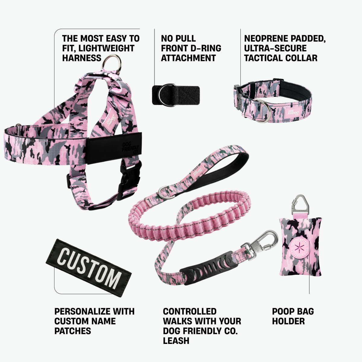 Ultimate No-Pull Bundle in pink camo with harness, leash, collar and accessories