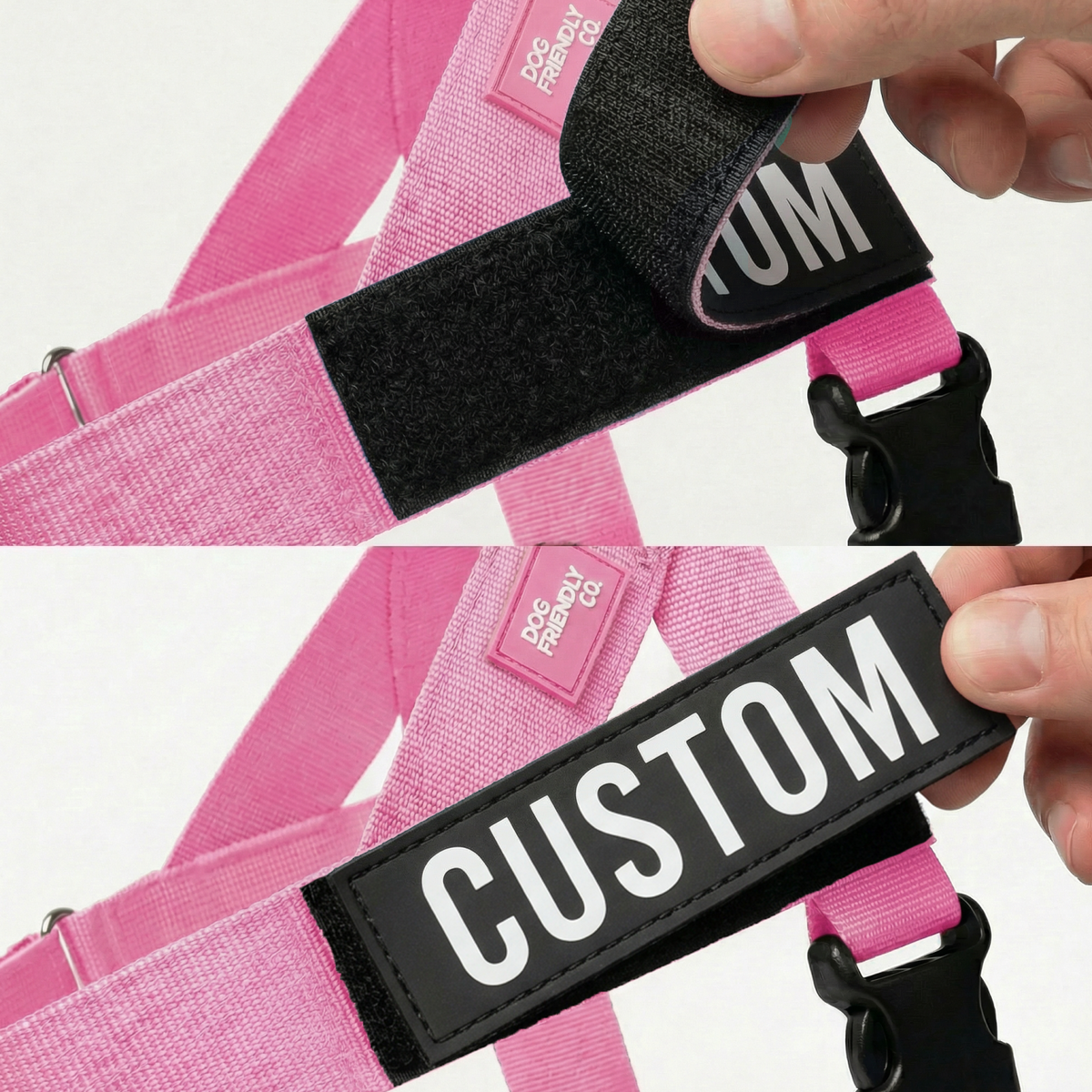 Images showing where to attach the custom name patch on the harness.