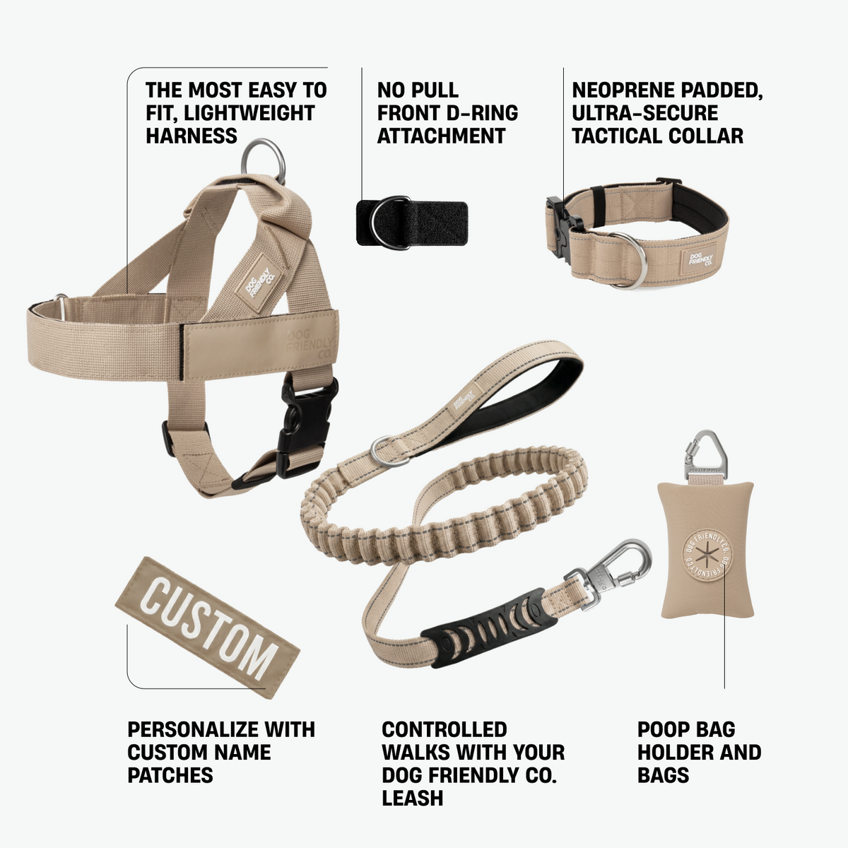 Ultimate No-Pull Bundle in brown featuring a lightweight harness, front D-ring attachment, padded tactical collar, Dog Friendly Co. leash, custom name patch, and poop bag holder.