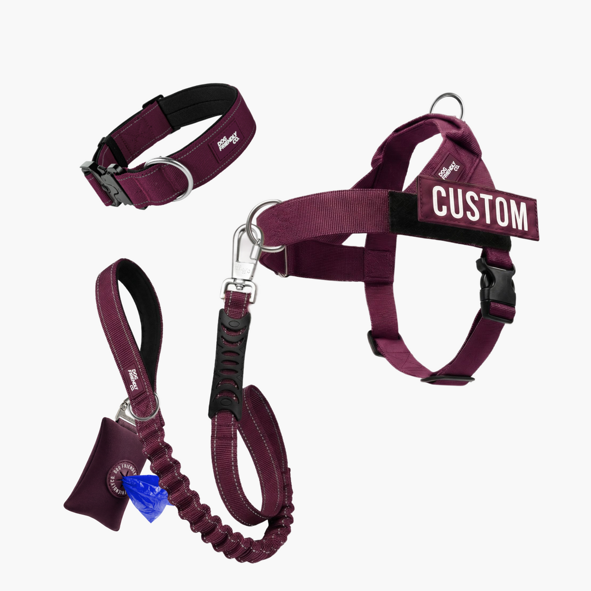 Ultimate No-Pull Bundle in burgundy with harness, leash, collar and accessories