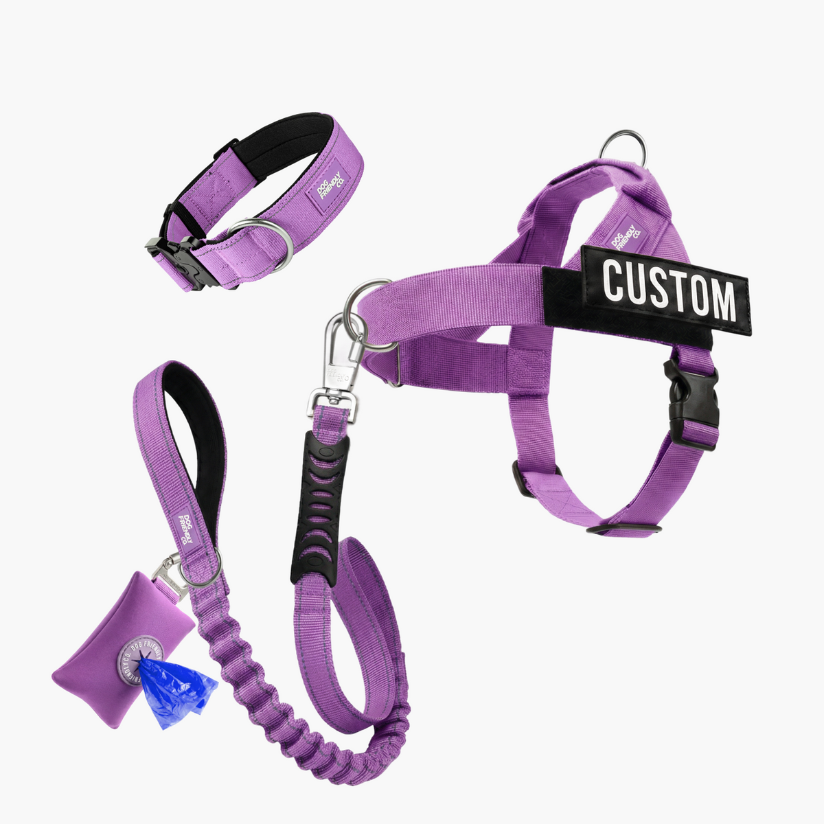 Ultimate No-Pull Bundle in purple with harness, leash, collar and accessories