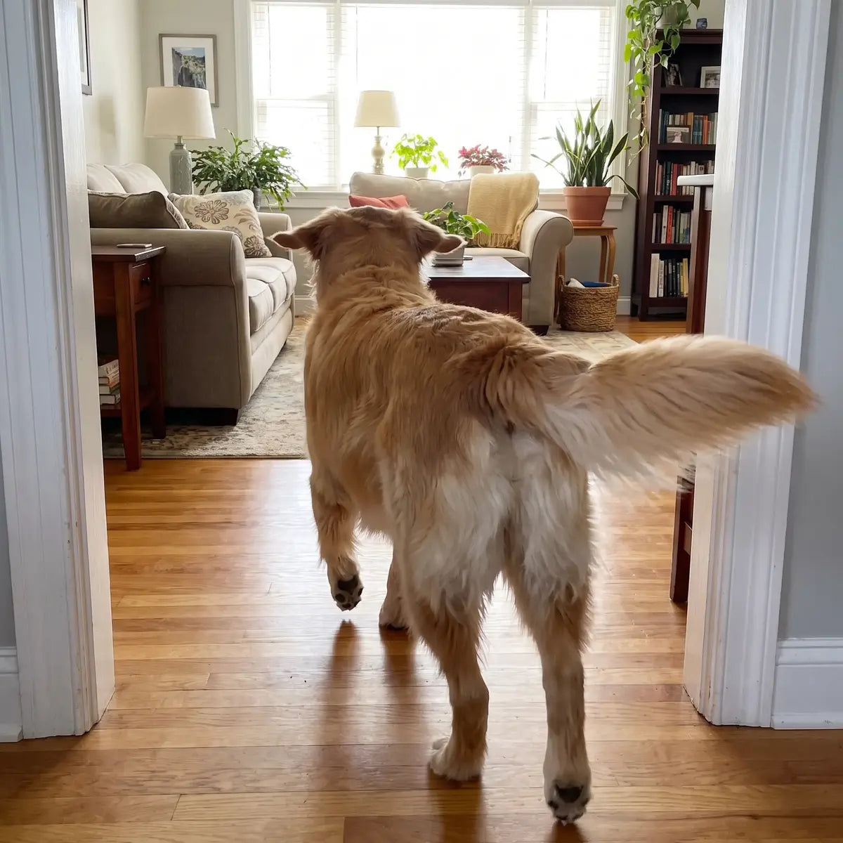 Golden retriever walking from the hallway onto the hardwood living-room floor