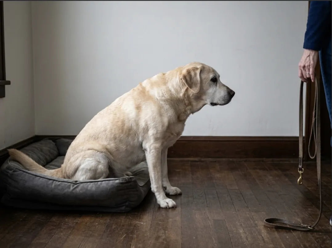 A senior yellow Labrador sitting half off his flattened bed while his owner waits beside him with the leash.