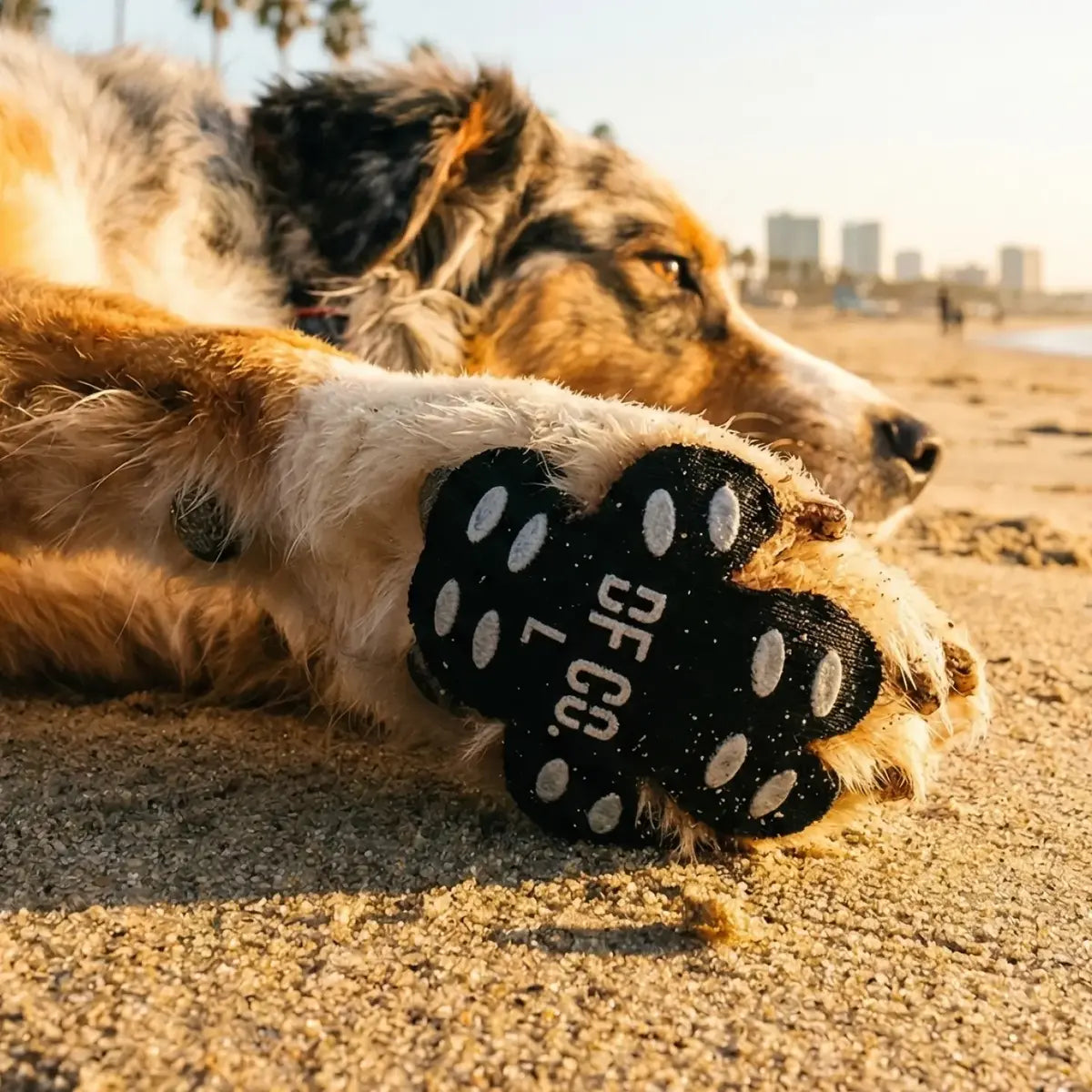 Dog lying on hot sand with a paw pad on its paw