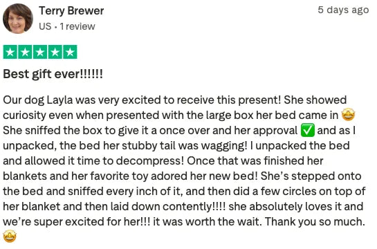 Customer review from Terry Brewer about the bed arriving and her dog taking to it.